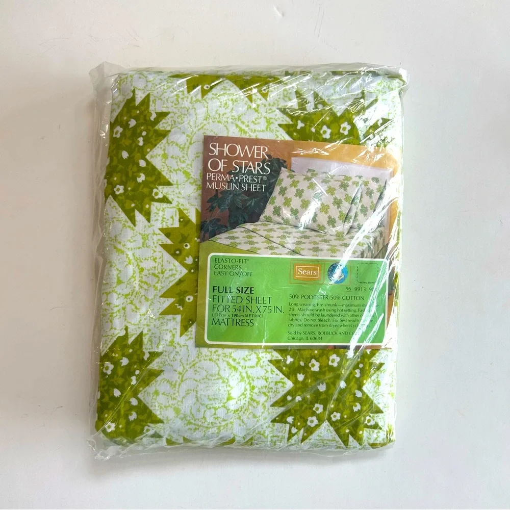 Vintage Sears Full Size Fitted Sheet NIP Shower of Stars Green White Poly Cotton